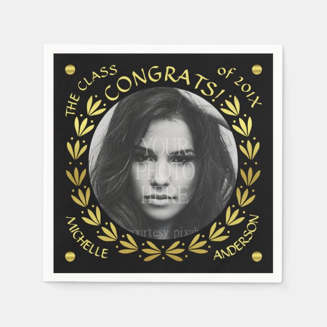 2023 Graduation Party Gold Black Laurel Wreath Napkin (Front)