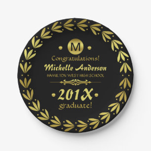 2023 Graduation Party   Laurel Wreath Gold Black Paper Plate