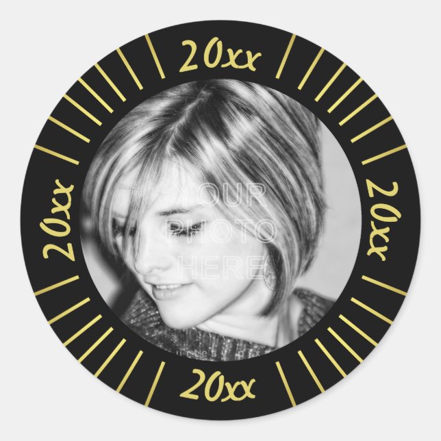 2023 Graduation Party Photo Black Gold Mod Stripes Classic Round Sticker (Front)