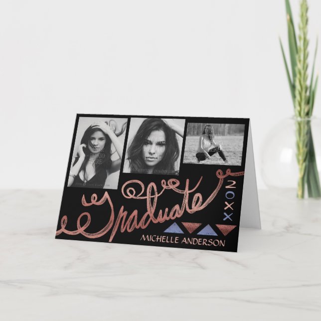 2023 Graduation Photo Collage Rose Gold Typography Card (Front)