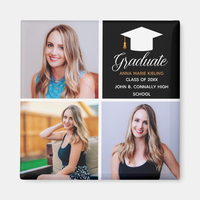 2023 Graduation Senior Photo Collage Black Gold Magnet (Front)