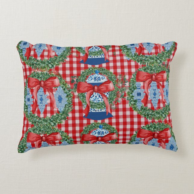 2023 Green Red Ginger Jars Gingham Decorative Cushion (Front)