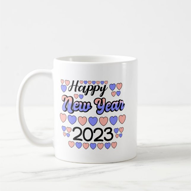 2023 Happy New Year Colourful text and hearts Coffee Mug (Left)