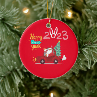 2023 Happy New Year Driver Santa Claus Car Red Ceramic Tree Decoration