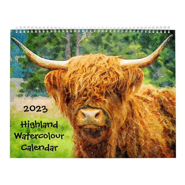 2023 Highland Cow Cattle Cute Watercolor Paintings Calendar (Cover)