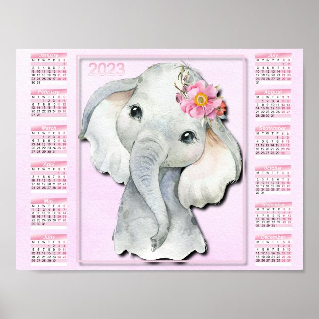2023 Kids Calendar, Watercolor Elephant, Flowers Poster (Front)