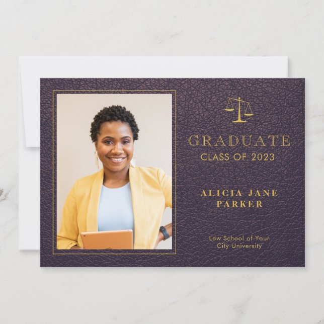 2023 Law school graduation purple gold photo Announcement (Front)