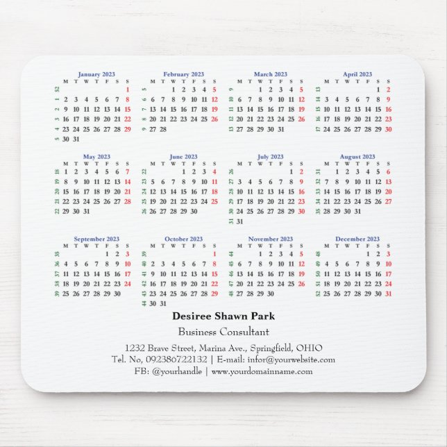 2023 Mini Calendar Monday ISO Week White Mouse Mat (Front)