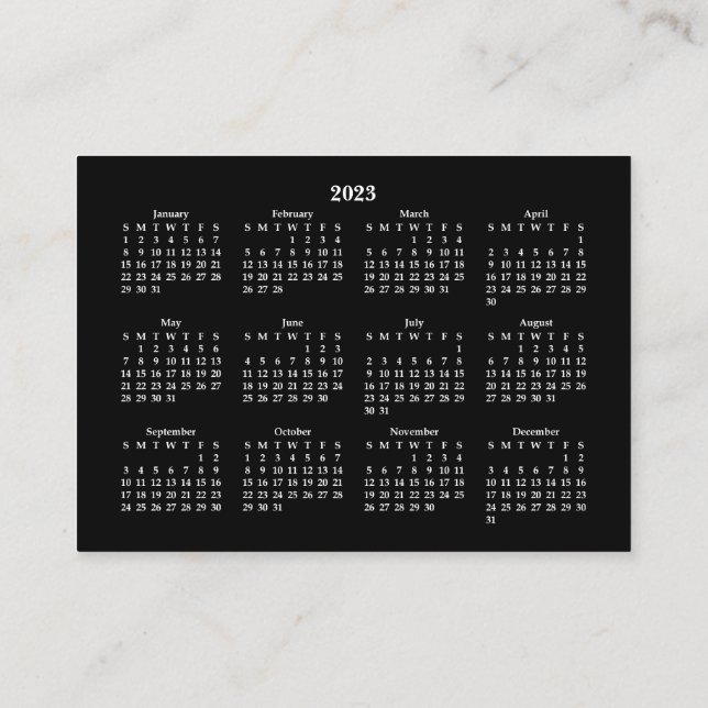 2023 Mini Calendar SUNDAY Start BLACK Business Card (Back)