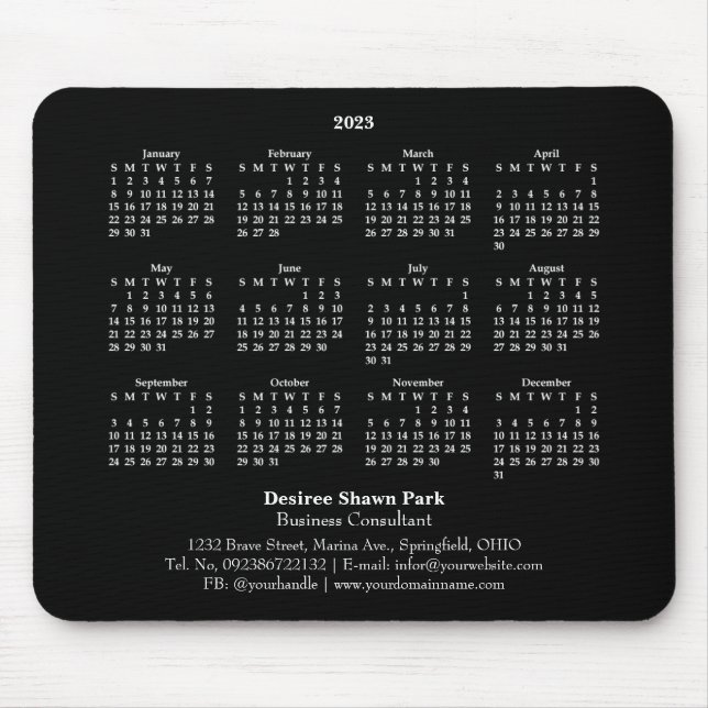 2023 Mini Calendar SUNDAY Start BLACK Mouse Mat (Front)