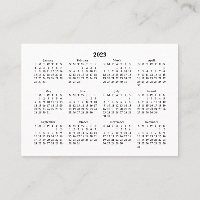 2023 Mini Calendar SUNDAY Start White Business Card (Back)
