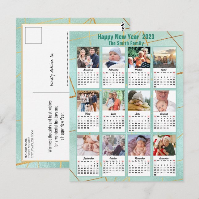 2023 Mint Green Modern Family 12 Photo Calendar Postcard (Front/Back)
