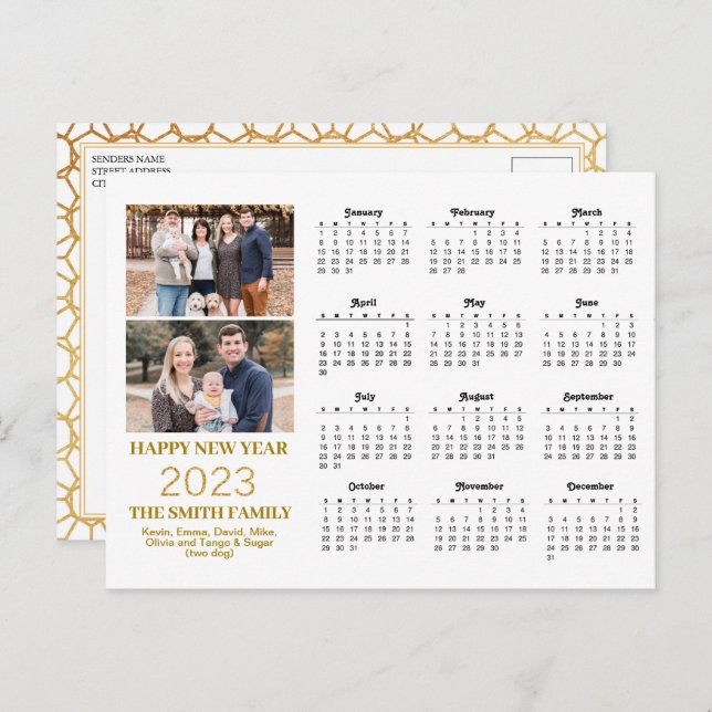 2023 Modern Gold Glitter Script 2 Photo Calendar Postcard (Front/Back)