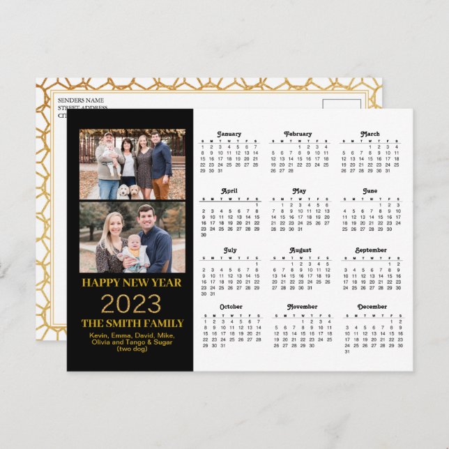 2023 Modern Gold Glitter Script 2 Photo Calendar Postcard (Front/Back)