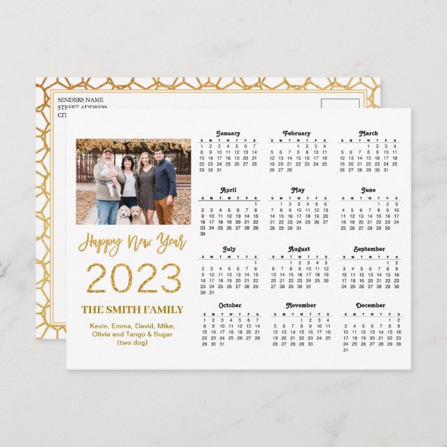 2023 Modern Gold Glitter Script Photo Calendar Postcard (Front/Back)
