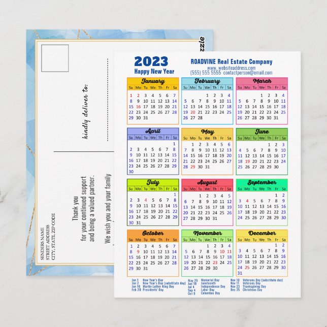 2023 Modern Yearly Calendar Corporate Blue Gold Postcard (Front/Back)