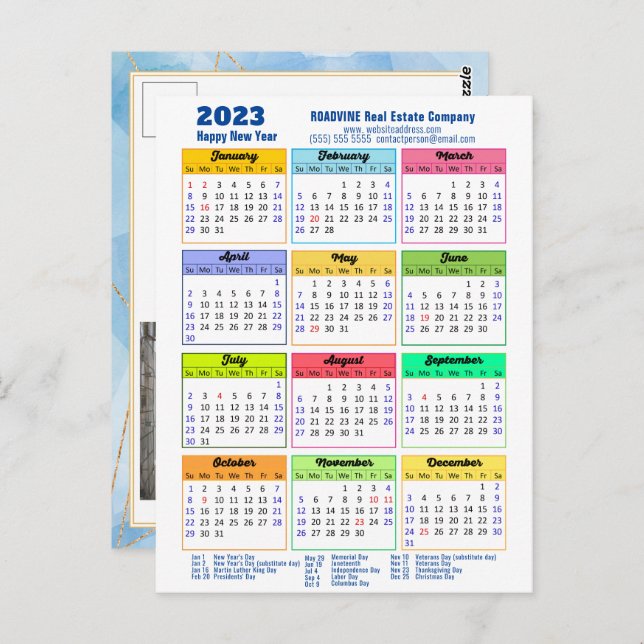 2023 Modern Yearly Calendar Corporate Blue Gold Postcard (Front/Back)