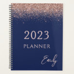2023 Navy Blue Rose Gold Blush Pink Glitter Planner<br><div class="desc">2023 Navy Blue and Rose Gold - Blush Pink Sparkle Glitter Monogram Name and Initial Spiral Notebook. This makes the perfect sweet 16 birthday,  wedding,  bridal shower,  anniversary,  baby shower or bachelorette party gift for someone that loves glam luxury and chic styles.</div>
