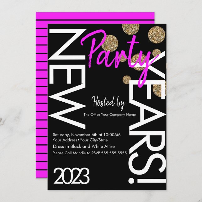2023 Neon New Years Party Pink White Typography  Invitation (Front/Back)