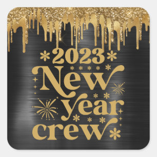 2023 NEW YEAR CREW BLACK & GOLD GLITTER DRIP SQUARE STICKER