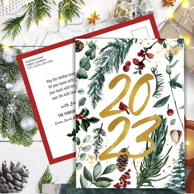 2023 New Year Gold Confetti Festive Pine Bough Postcard (Creator Uploaded)