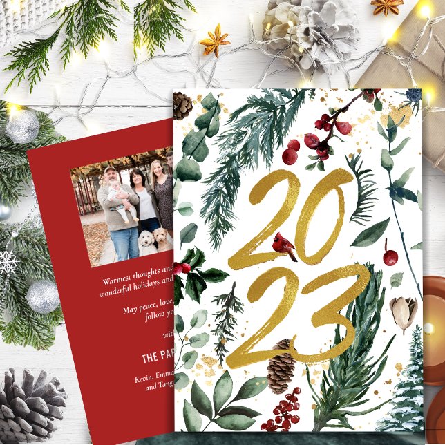 2023 New Year Gold Confetti Pine Bough Photo Holiday Card (Creator Uploaded)