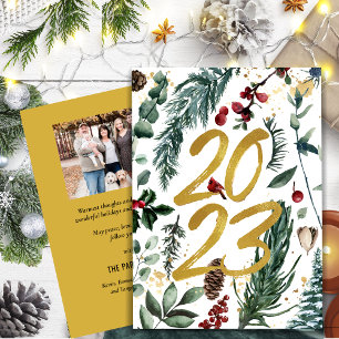 2023 New Year Gold Confetti Pine Bough Photo Holiday Card