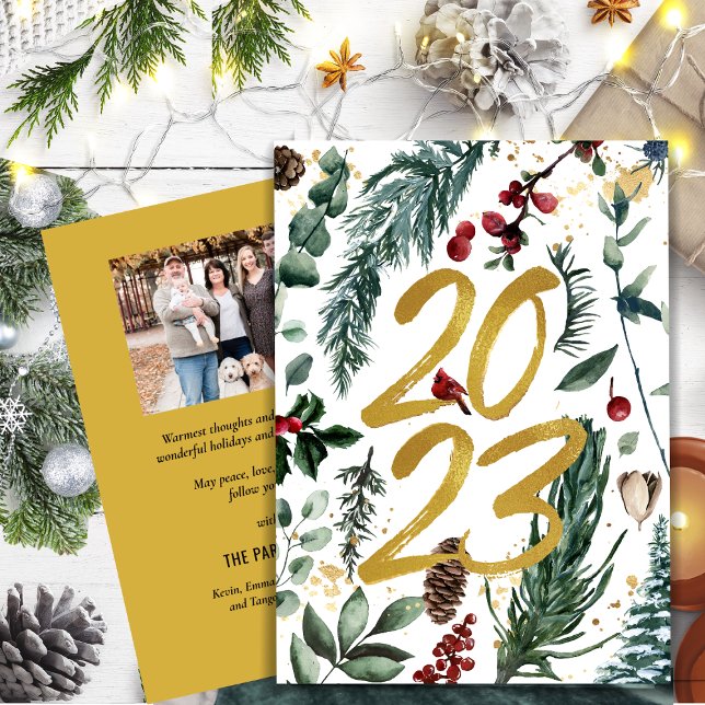 2023 New Year Gold Confetti Pine Bough Photo Holiday Card (Creator Uploaded)
