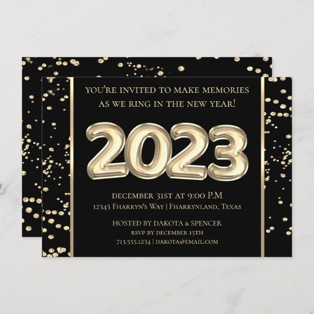 2023 New Years | Gold and Black Balloon Confetti Invitation (Front/Back)