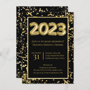 2023 New Years   Gold and Black Balloon Confetti Invitation