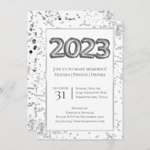 2023 New Years Silver and Black Balloon Confetti Invitation