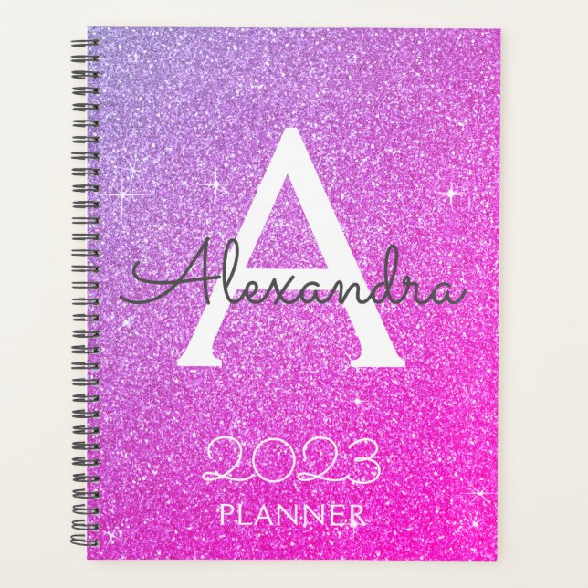 2023 Purple Pink Glitter Sparkle Monogram Planner (Front)