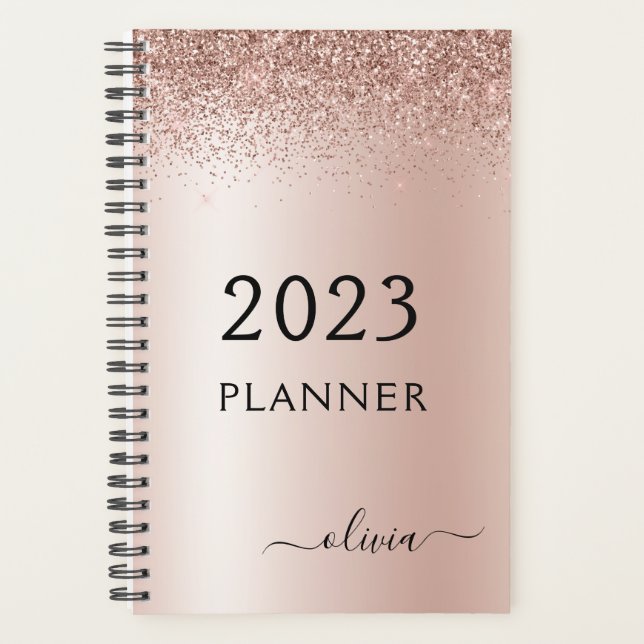 2023 Rose Gold Blush Pink Glitter Monogram Planner (Front)