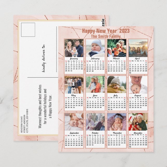 2023 Rose Gold Modern Family 12 Photo Calendar Postcard (Front/Back)