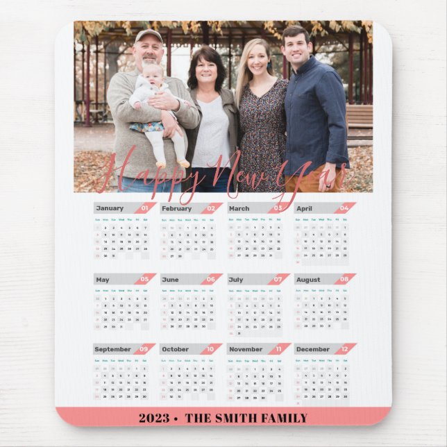 2023 Rose Gold Modern Family Photo Calendar Mouse Mat (Front)