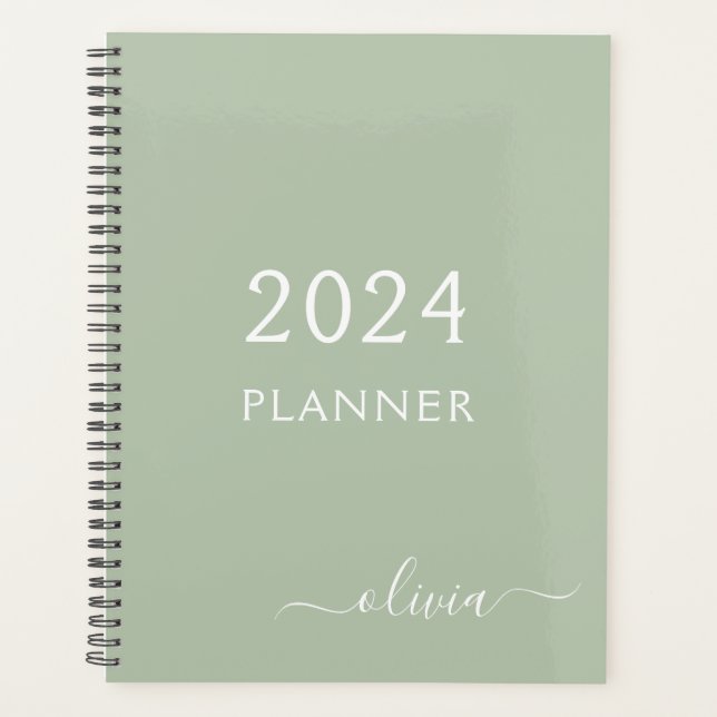 2023 Sage Green Script Monogram Name Modern Planner (Front)
