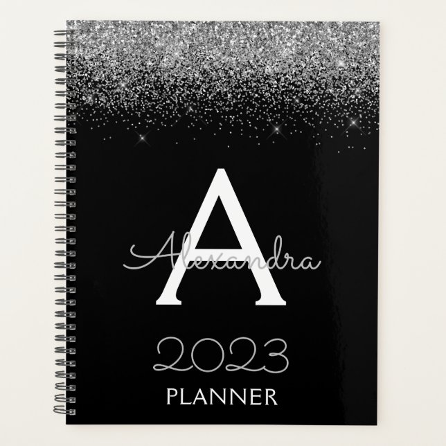 2023 Silver Black Glitter Monogram Modern Luxury Planner (Front)