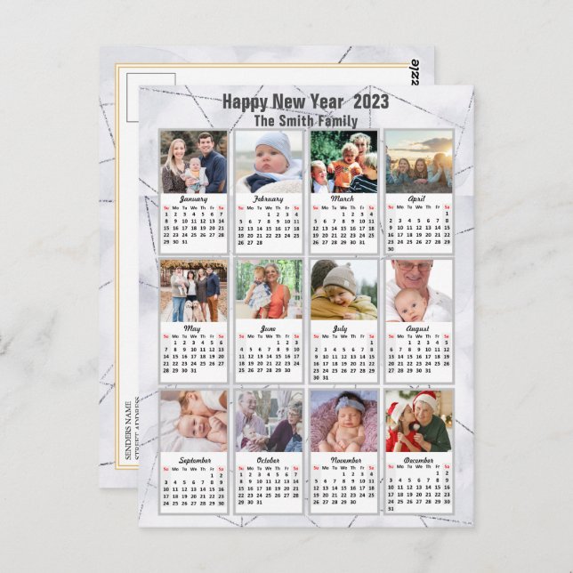 2023 Silver Gold Modern Family 12 Photo Calendar Postcard (Front/Back)