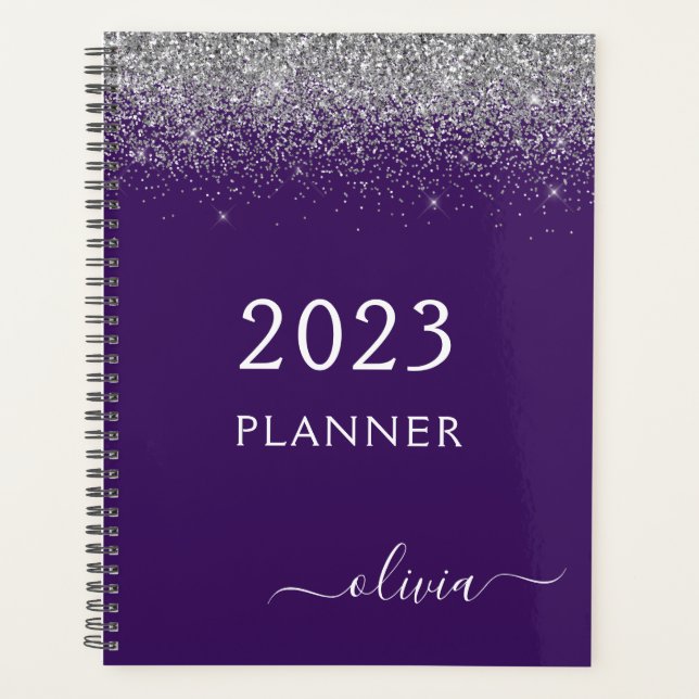 2023 Silver Purple Glitter Sparkle Monogram Planner (Front)