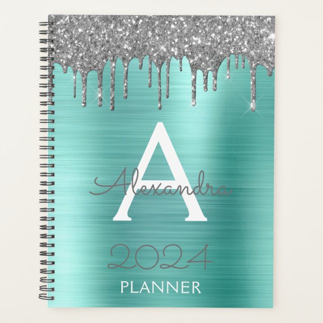 2023 Silver Teal Aqua Blue Glitter Monogram Planner (Front)