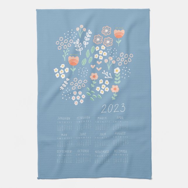 2023 Tea Towel Calendar Pastel blue Floral (Vertical)