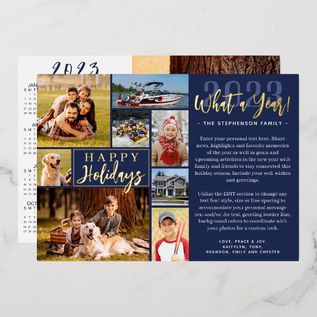 2023 What A Year Photo Collage 2024 Calendar Foil Holiday Card (Front/Back)