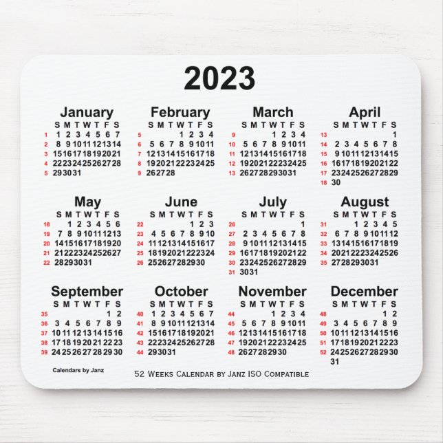 2023 White 52 Weeks ISO Calendar by Janz Mouse Mat (Front)