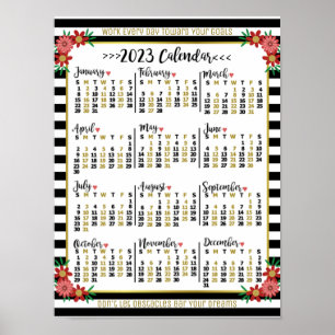 2023 Year Calendar Floral Stripes Custom Text Poster