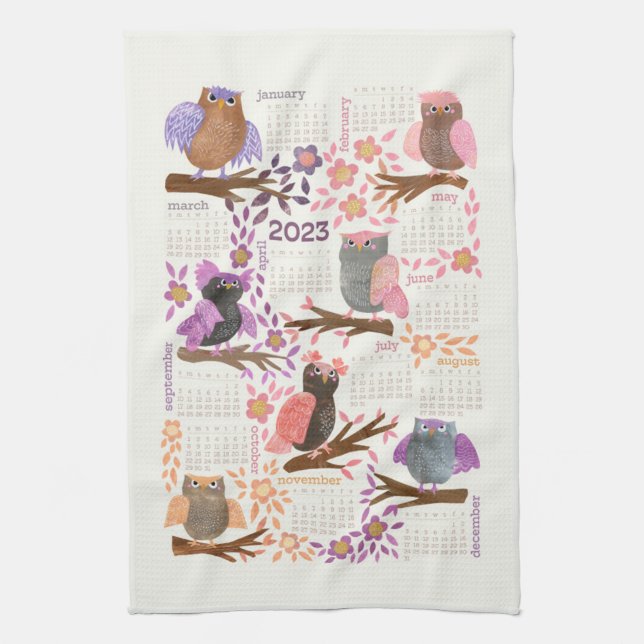 2023 year calendar Whimsical Owls Fun Cute Tea Towel (Vertical)