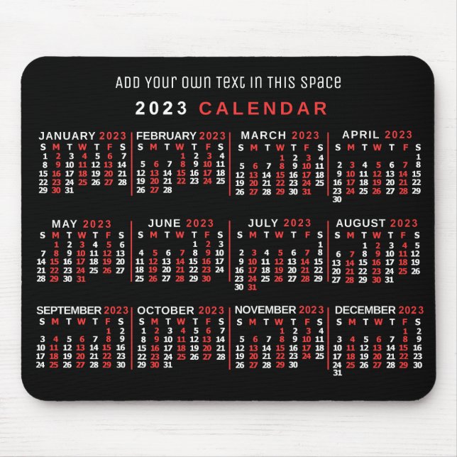 2023 Year Monthly Calendar Custom Black Red White Mouse Mat (Front)