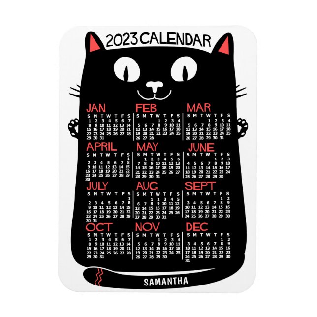 2023 Year Monthly Calendar Mid-Century Black Cat Magnet (Vertical)