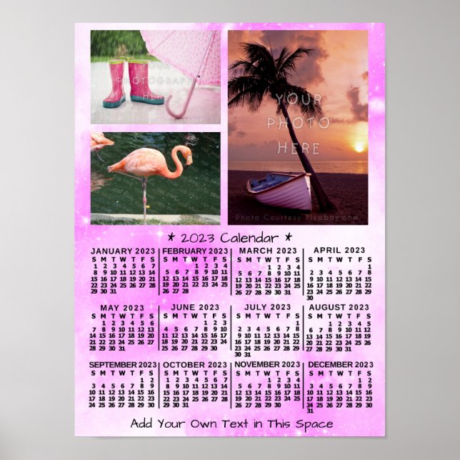 2023 Year Monthly Calendar Pink Watercolor 3 Photo Poster (Front)