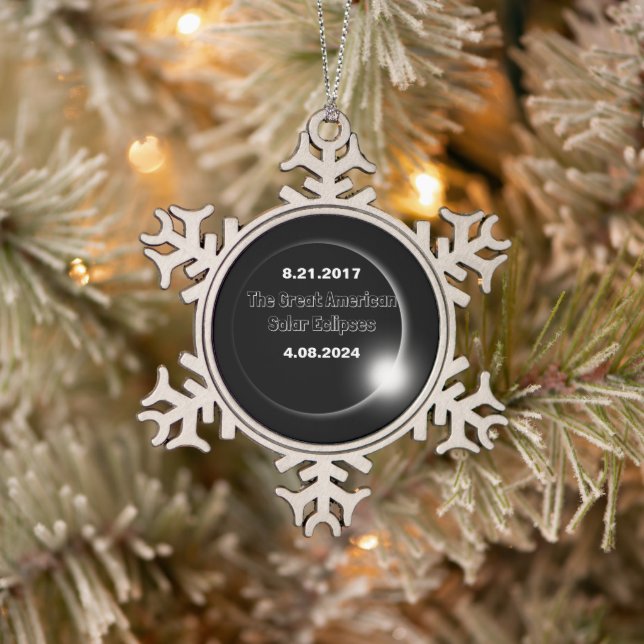 2024 & 2017 Double Dated Solar Eclipse  Snowflake Pewter Christmas Ornament (Tree)