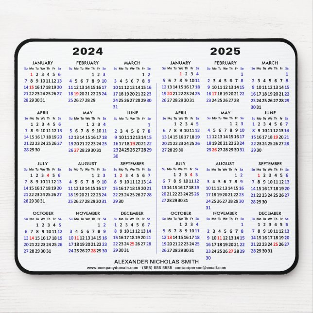 2024-2025 2 Year Calendar Black Custom Name simple Mouse Mat (Front)